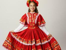 sorridente jovem mulher do mexicano descida vestido dentro elegante vestir em cinzento fundo ai generativo foto