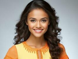 sorridente jovem mulher do mexicano descida vestido dentro elegante vestir em cinzento fundo ai generativo foto