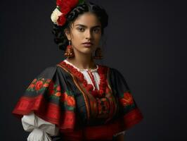 sorridente jovem mulher do mexicano descida vestido dentro elegante vestir em cinzento fundo ai generativo foto