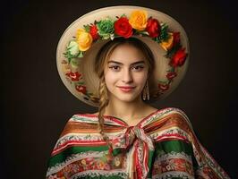 sorridente jovem mulher do mexicano descida vestido dentro elegante vestir em cinzento fundo ai generativo foto