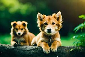 dois cachorros sentado em uma registro dentro a grama. gerado por IA foto