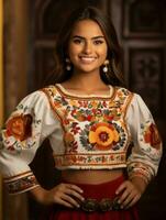 sorridente jovem mulher do mexicano descida vestido dentro elegante vestir em cinzento fundo ai generativo foto