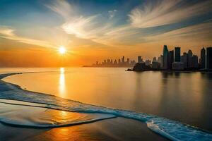 a Sol conjuntos sobre a cidade Horizonte dentro dubai. gerado por IA foto