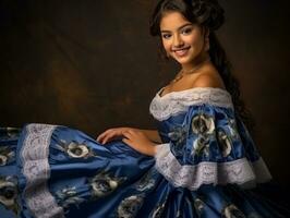 sorridente jovem mulher do mexicano descida vestido dentro elegante vestir em cinzento fundo ai generativo foto