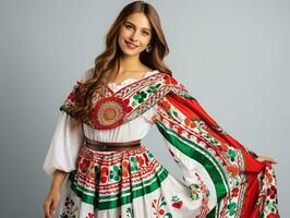 sorridente jovem mulher do mexicano descida vestido dentro elegante vestir em cinzento fundo ai generativo foto