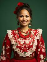 sorridente jovem mulher do mexicano descida vestido dentro elegante vestir em cinzento fundo ai generativo foto