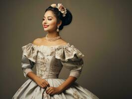 sorridente jovem mulher do mexicano descida vestido dentro elegante vestir em cinzento fundo ai generativo foto