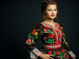 sorridente jovem mulher do mexicano descida vestido dentro elegante vestir em cinzento fundo ai generativo foto