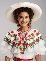 sorridente jovem mulher do mexicano descida vestido dentro elegante vestir em cinzento fundo ai generativo foto