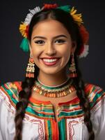 sorridente jovem mulher do mexicano descida vestido dentro elegante vestir em cinzento fundo ai generativo foto