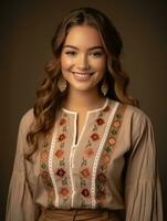 sorridente jovem mulher do mexicano descida vestido dentro elegante vestir em cinzento fundo ai generativo foto