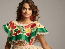 sorridente jovem mulher do mexicano descida vestido dentro elegante vestir em cinzento fundo ai generativo foto