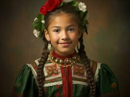 sorridente jovem mulher do mexicano descida vestido dentro elegante vestir em cinzento fundo ai generativo foto