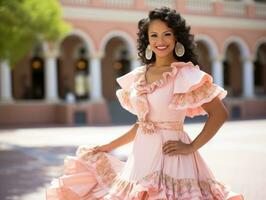 sorridente jovem mulher do mexicano descida vestido dentro elegante vestir em cinzento fundo ai generativo foto