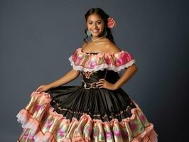 sorridente jovem mulher do mexicano descida vestido dentro elegante vestir em cinzento fundo ai generativo foto