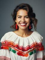 sorridente jovem mulher do mexicano descida vestido dentro elegante vestir em cinzento fundo ai generativo foto