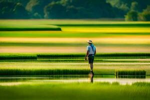 uma homem caminhando através uma campo do verde grama. gerado por IA foto