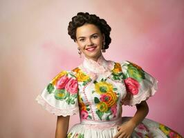 sorridente jovem mulher do mexicano descida vestido dentro elegante vestir em cinzento fundo ai generativo foto