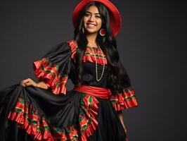 sorridente jovem mulher do mexicano descida vestido dentro elegante vestir em cinzento fundo ai generativo foto