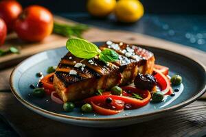 grelhado salmão em uma prato com tomates e pimentas. gerado por IA foto