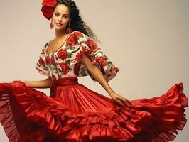 sorridente jovem mulher do mexicano descida vestido dentro elegante vestir em cinzento fundo ai generativo foto