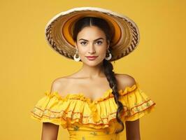 sorridente jovem mulher do mexicano descida vestido dentro elegante vestir em cinzento fundo ai generativo foto