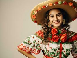 sorridente jovem mulher do mexicano descida vestido dentro elegante vestir em cinzento fundo ai generativo foto