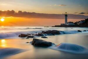 uma farol é visto dentro a pôr do sol sobre a oceano. gerado por IA foto