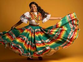 sorridente jovem mulher do mexicano descida vestido dentro elegante vestir em cinzento fundo ai generativo foto