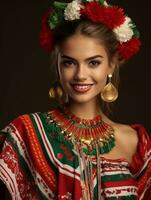 sorridente jovem mulher do mexicano descida vestido dentro elegante vestir em cinzento fundo ai generativo foto