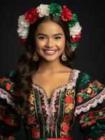 sorridente jovem mulher do mexicano descida vestido dentro elegante vestir em cinzento fundo ai generativo foto