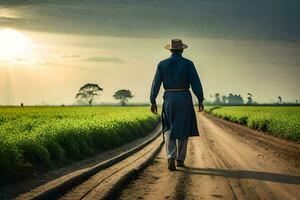 uma homem dentro uma chapéu e azul vestir caminhando baixa uma sujeira estrada. gerado por IA foto