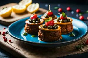 pequeno bolos com fruta e bagas em uma azul placa. gerado por IA foto