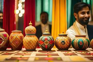 uma homem é em pé dentro frente do uma mesa com colorida vasos. gerado por IA foto