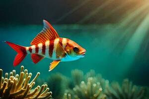 uma peixe natação dentro a oceano com coral. gerado por IA foto