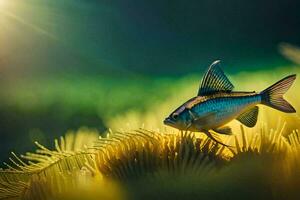 uma peixe é sentado em topo do uma verde plantar. gerado por IA foto