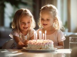 criança sopro Fora a velas em seus aniversário bolo ai generativo foto