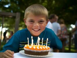 criança sopro Fora a velas em seus aniversário bolo ai generativo foto