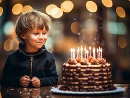 criança sopro Fora a velas em seus aniversário bolo ai generativo foto