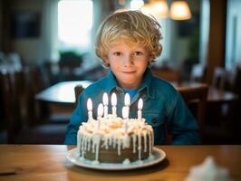 criança sopro Fora a velas em seus aniversário bolo ai generativo foto