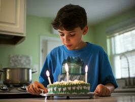 criança sopro Fora a velas em seus aniversário bolo ai generativo foto