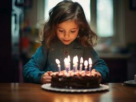 criança sopro Fora a velas em seus aniversário bolo ai generativo foto