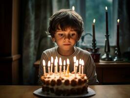 criança sopro Fora a velas em seus aniversário bolo ai generativo foto