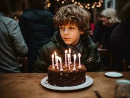 criança sopro Fora a velas em seus aniversário bolo ai generativo foto