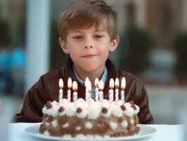 criança sopro Fora a velas em seus aniversário bolo ai generativo foto