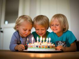 criança sopro Fora a velas em seus aniversário bolo ai generativo foto