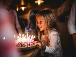 criança sopro Fora a velas em seus aniversário bolo ai generativo foto