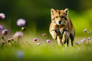 uma pequeno Castanho cachorro corrida através uma campo do flores gerado por IA foto