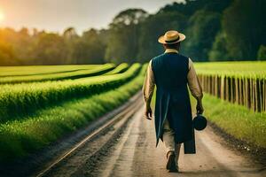 uma homem dentro uma chapéu e terno caminhando baixa uma sujeira estrada. gerado por IA foto