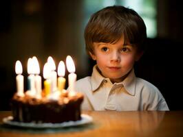 criança sopro Fora a velas em seus aniversário bolo ai generativo foto